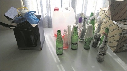 Some of the Molotov cocktails and petrol found at at UKZN’s Pietermaritzburg’s Malherbe residence on Thursday. (Supplied)