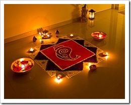 Rangoli decorations , made using coloured powder or sand, are popular during Diwali.