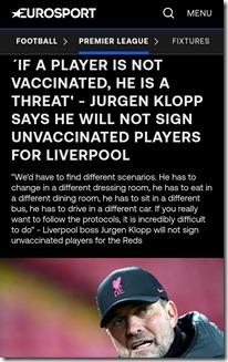 'If a player is not vaccinated, he is a threat' - Jürgen Klopp